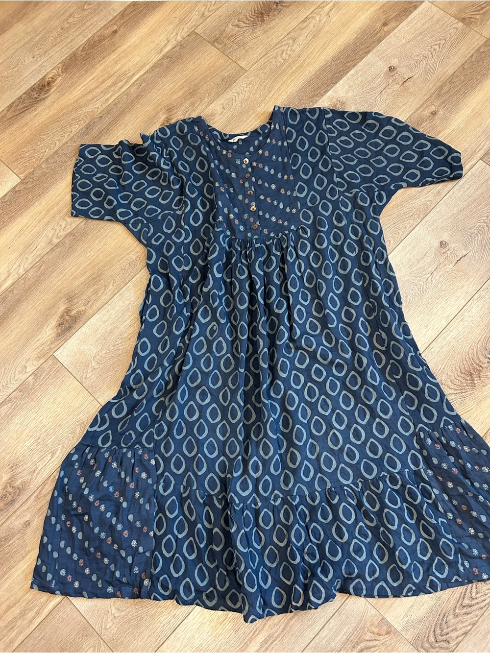 Marketplace Handmade Navy Blue Printed Tiered Midi Dress boho handwork of India